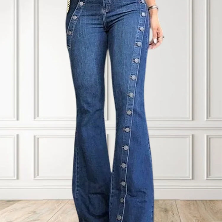 Women's Plus Size Plain Button Decor Flare Leg Long Denim Pants Flare Jeans Jeans Female High Waist Bottom Wide Leg Jeans