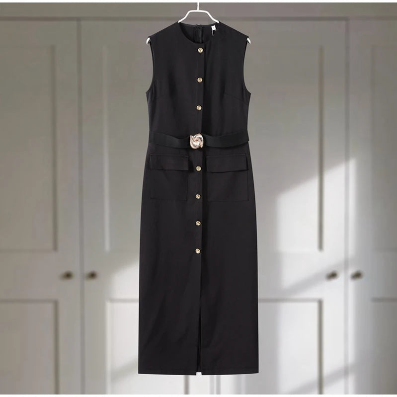 Elegant Split Women 's Maxi Dress O-neck Sleeveless Single Breasted Waist Cinching Pocket Female Dressess Summer Lady Vestidos