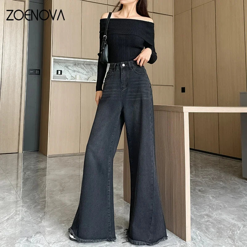 Spring Autumn New Fashion Women's Jeans Street Casual Wide Leg Pants Loose Straight Raw Edge Trousers Y2K Flared Pant