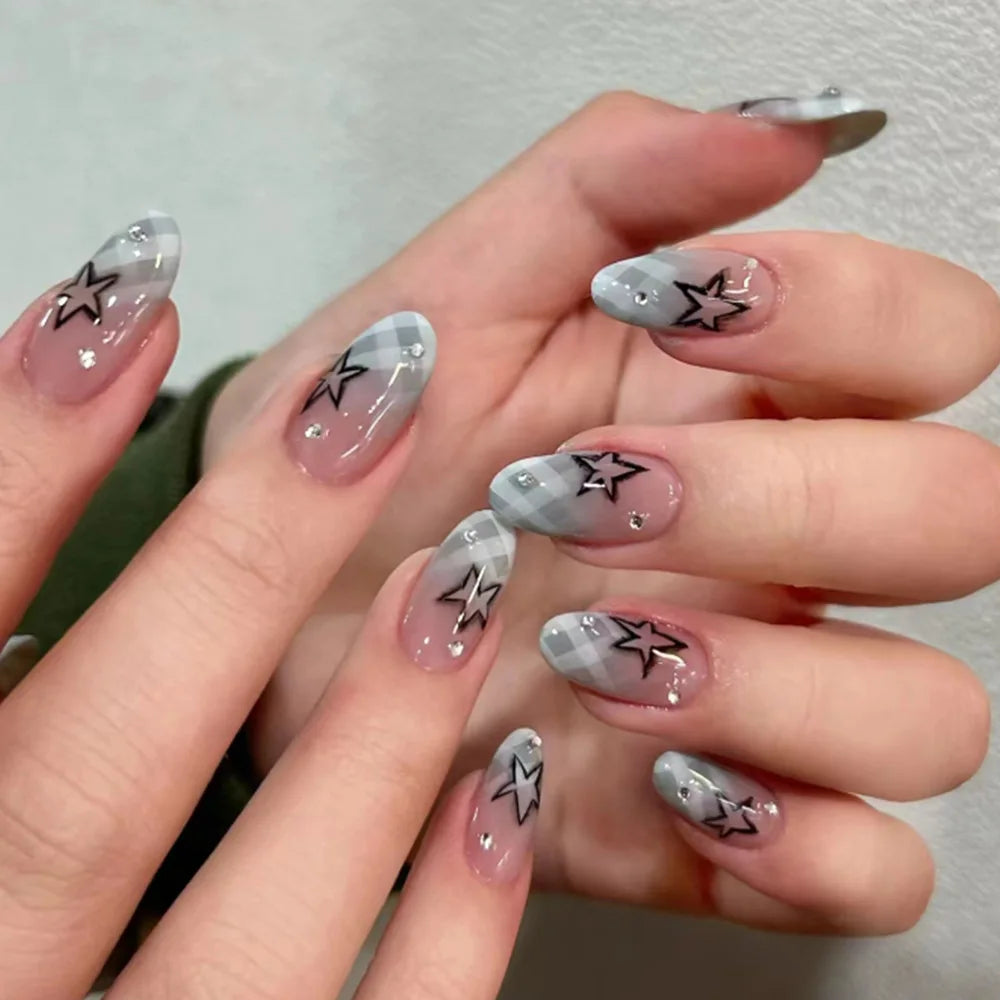 24pcs Blue Plaid Gradient Fake Nails Phototherapy French Tips Y2k Style Press On Nails Long Almond Cool Stars False Nail Patches