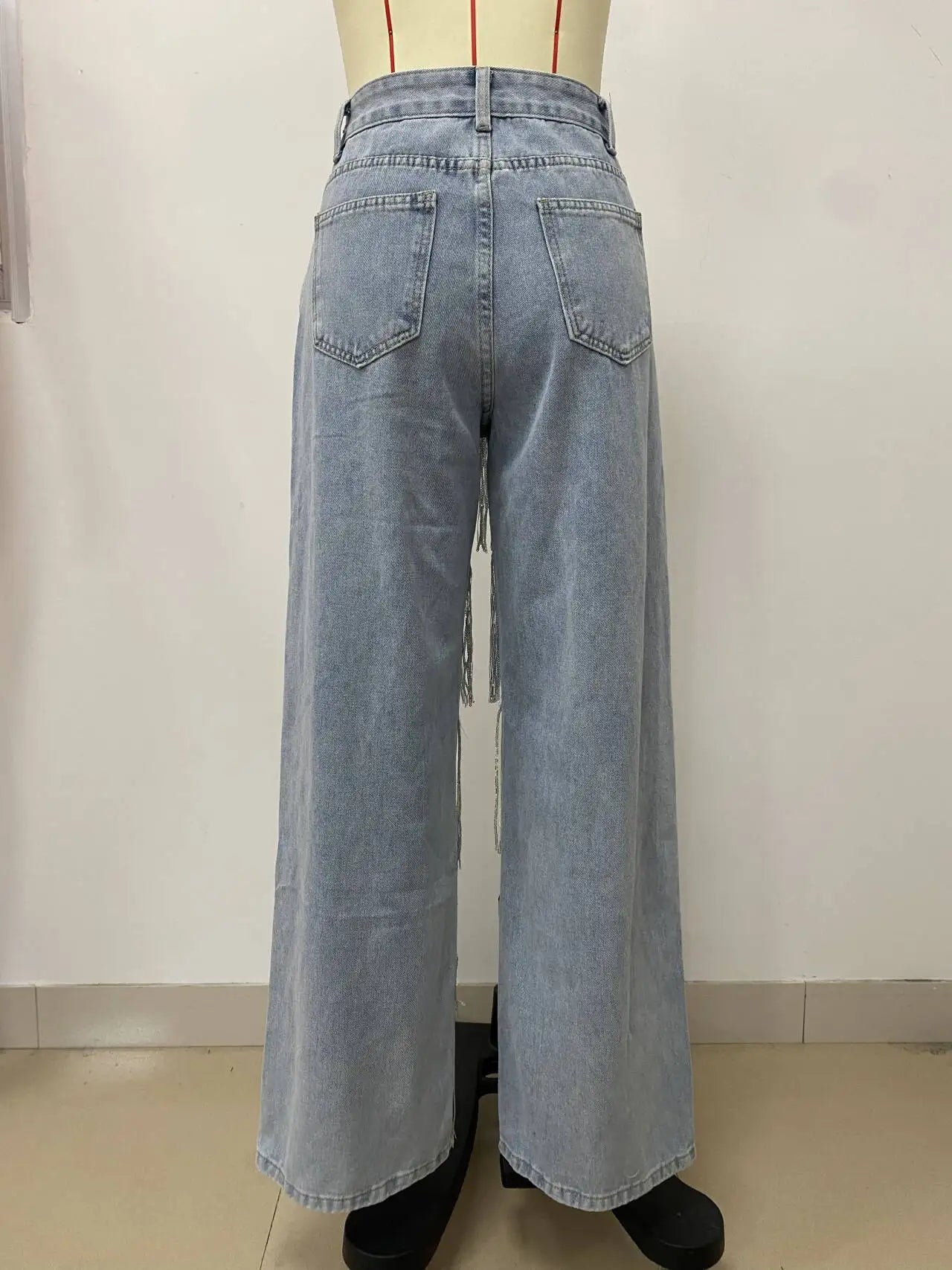 CM.YAYA Women Sequins Tassel Wide Leg Blue Denim Pants 2025 Summer Streetwear Party Vintage High Waist Jeans Trousers