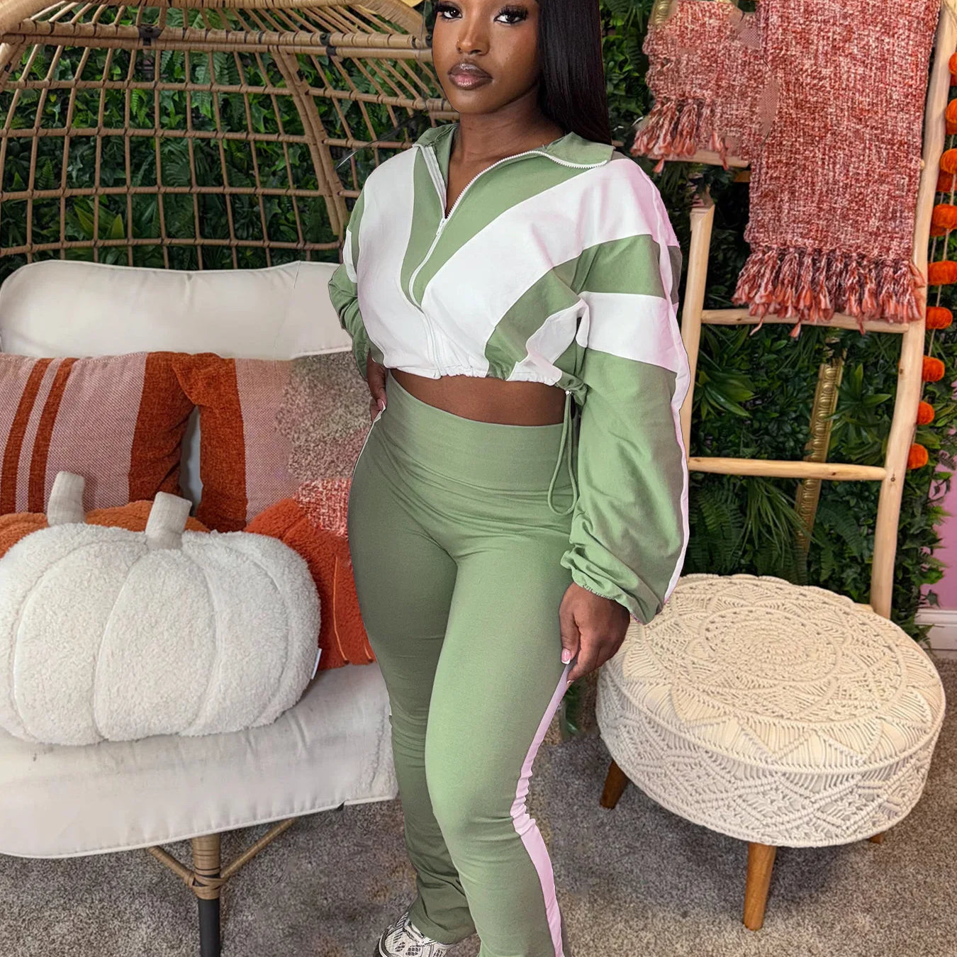 CM.YAYA Active Patchwork Women's Set Zipper Sweatshirt Jacket and Long Pants Suit 2025 Sporty Two 2 Piece Sets Outfit Tracksuit