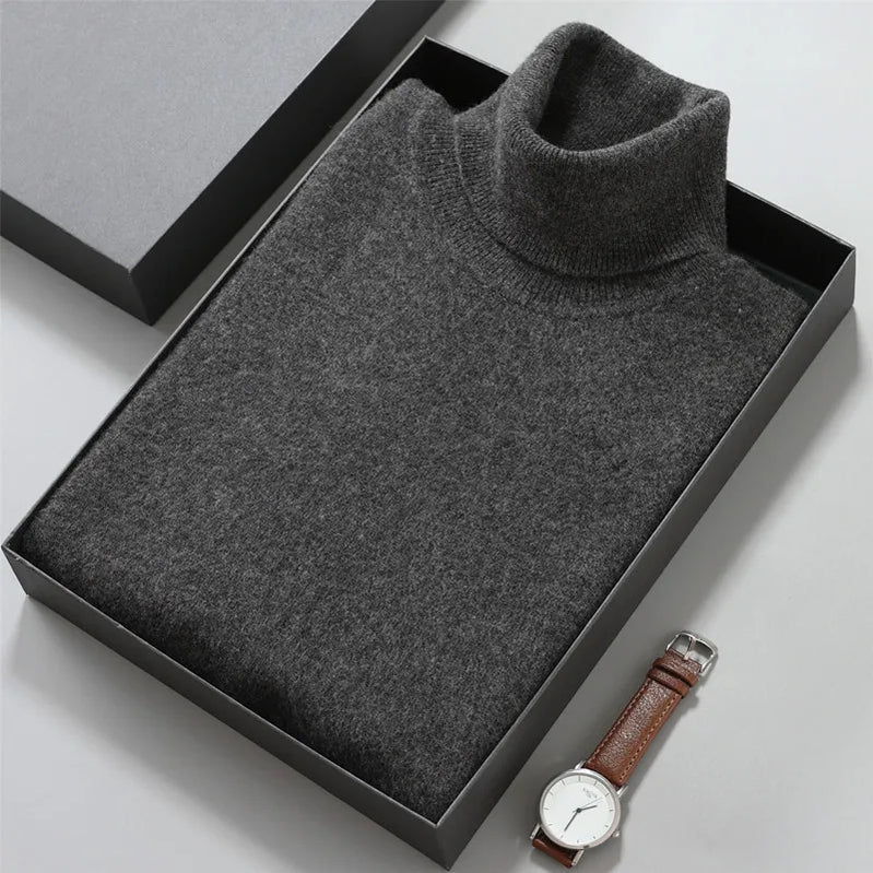 100% Cashmere Turtleneck Men Pullovers Autumn Winter Soft Light Warm Rolled Neck Jumper Jersey Pull Homme Knitted Sweater Dark Grey