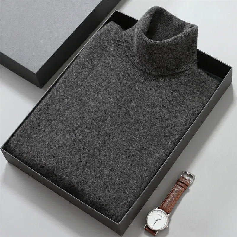 100% Cashmere Turtleneck Men Pullovers Autumn Winter Soft Light Warm Rolled Neck Jumper Jersey Pull Homme Knitted Sweater Dark Grey