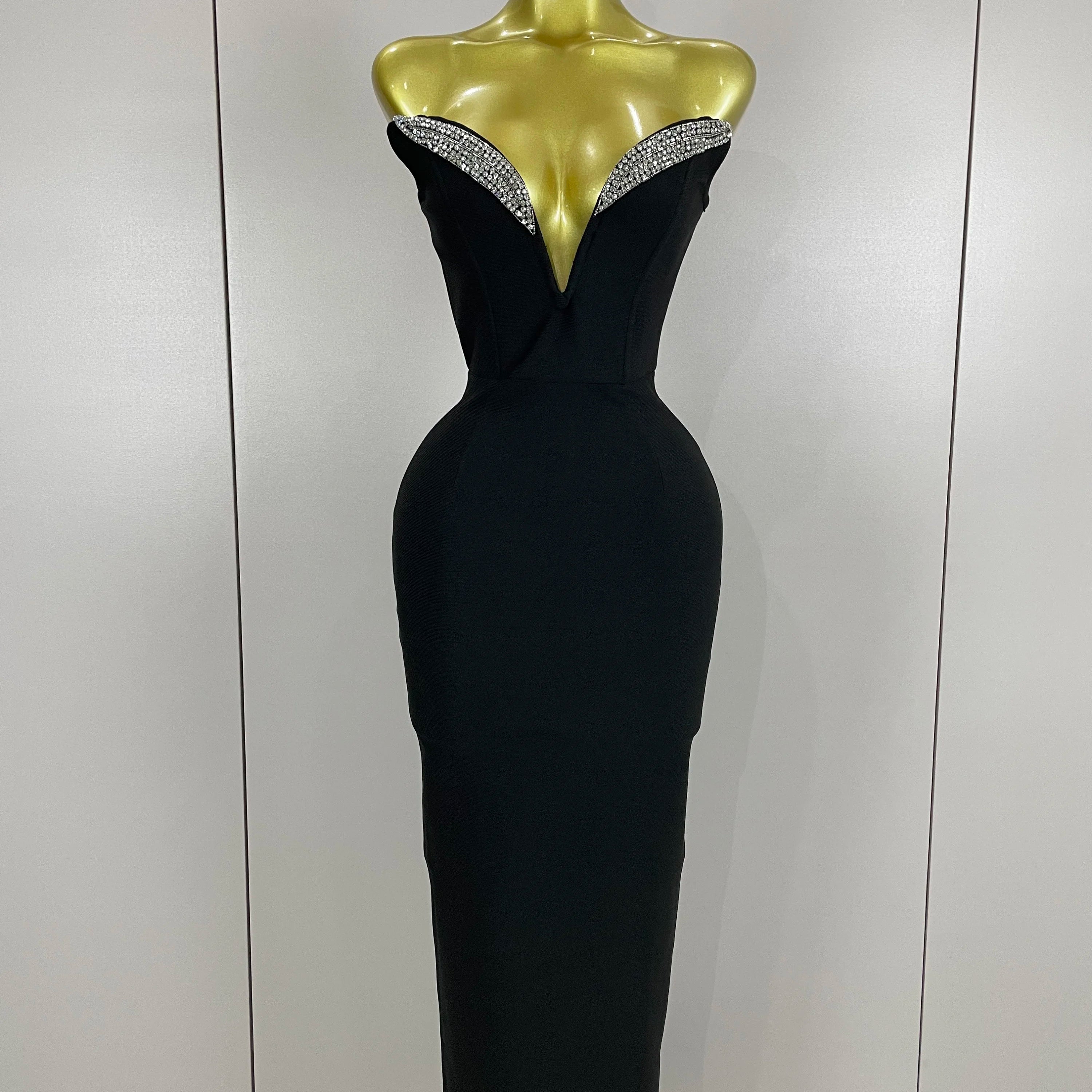 2025 Women Sexy Strapless Sparkly Rhinestones Bodycon Bandage Long Dress Fashion Celebrate Evening Party Luxury Birthday Dresses
