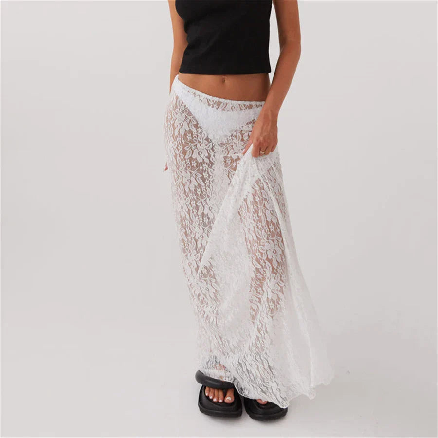 Y2K White Fairycore Boho Floral Lace Maxi Skirts Womens Sheer Low Waist Vintage Long Skirts Summer Harajuku Holiday Outfits