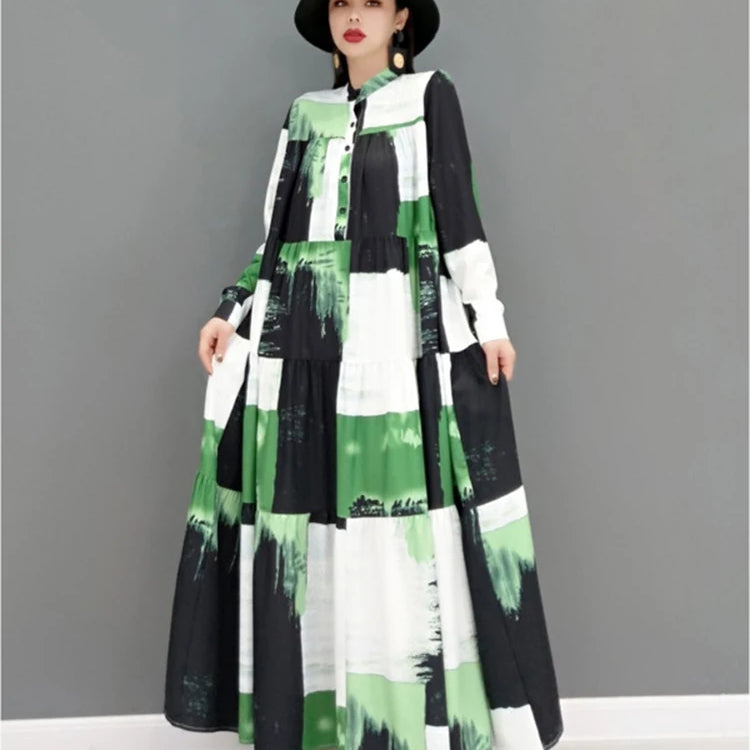 SHENGPALAE 2024 Autumn Fashion Tide Dress For Women Stand-up Collar Long Sleeve Printing Elegant Loose Fit Female Robe 5AE209