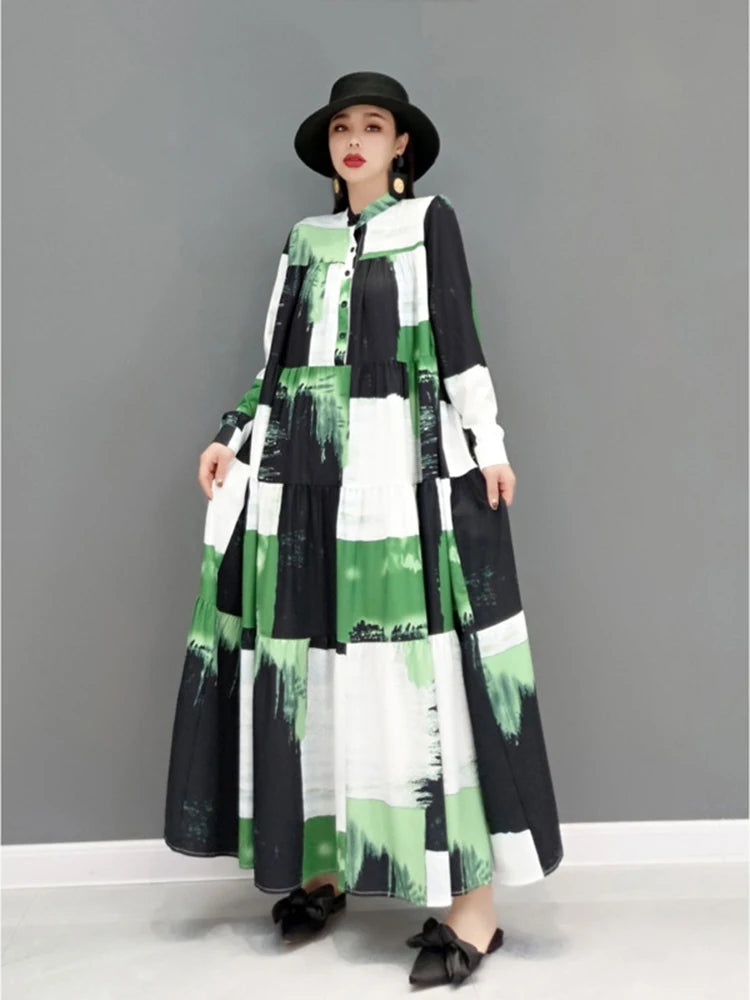 SHENGPALAE 2024 Autumn Fashion Tide Dress For Women Stand-up Collar Long Sleeve Printing Elegant Loose Fit Female Robe 5AE209