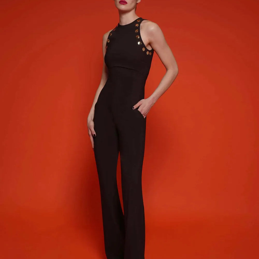 Macacão feminino preto sem mangas, sexy, com rebites, estilo bandagem, para festa de boate e baile