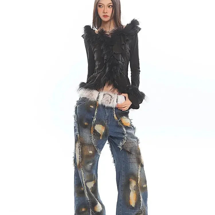 Solid Fashion Spliced Fur Sweater for Women V Neck Long Sleeve Patchwork Ruffles Fold Pullovers Female Clothing New