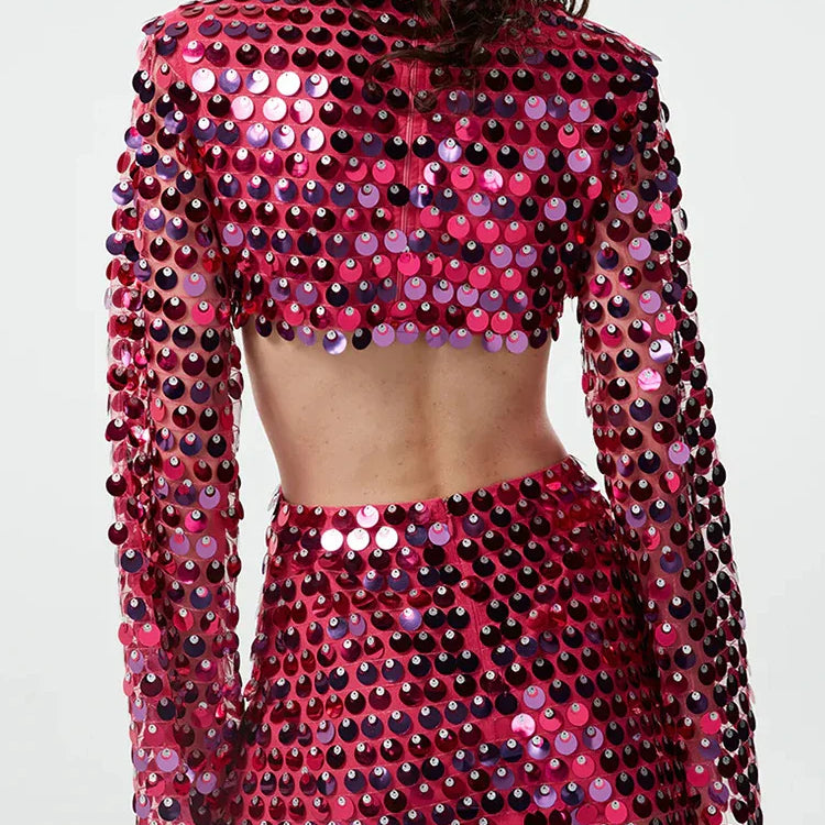 DEAT Fashion Trendy Women's Hollow Out Sequins Irregular Dress Spring New O-neck Long Sleeves Dresses Female 33A1208