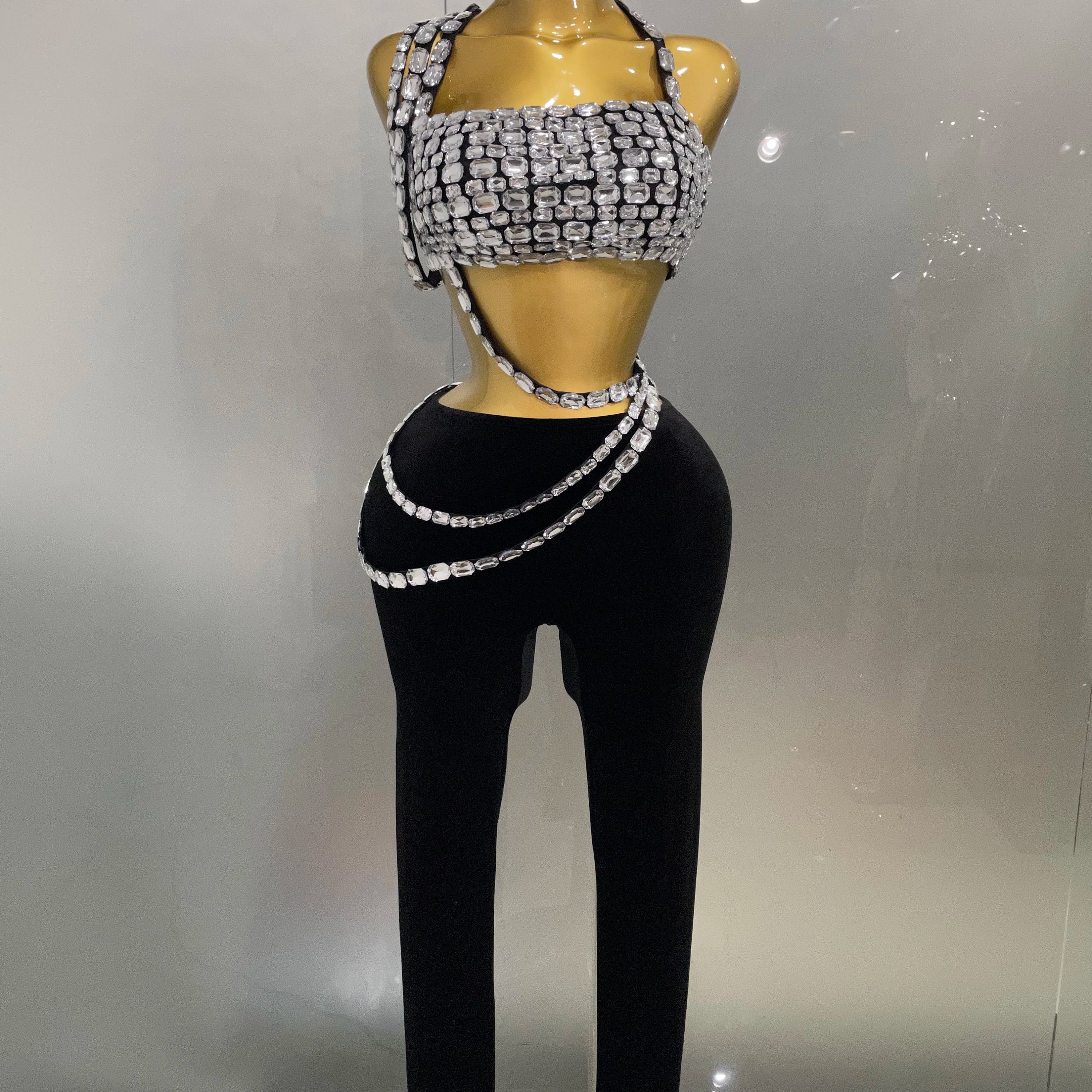 2025 New Luxury Sparkle Diamonds Sexy Crop Top Velour Pant Two Pieces Set Women Celebrate Birthday Party Nightclub Stage Costume