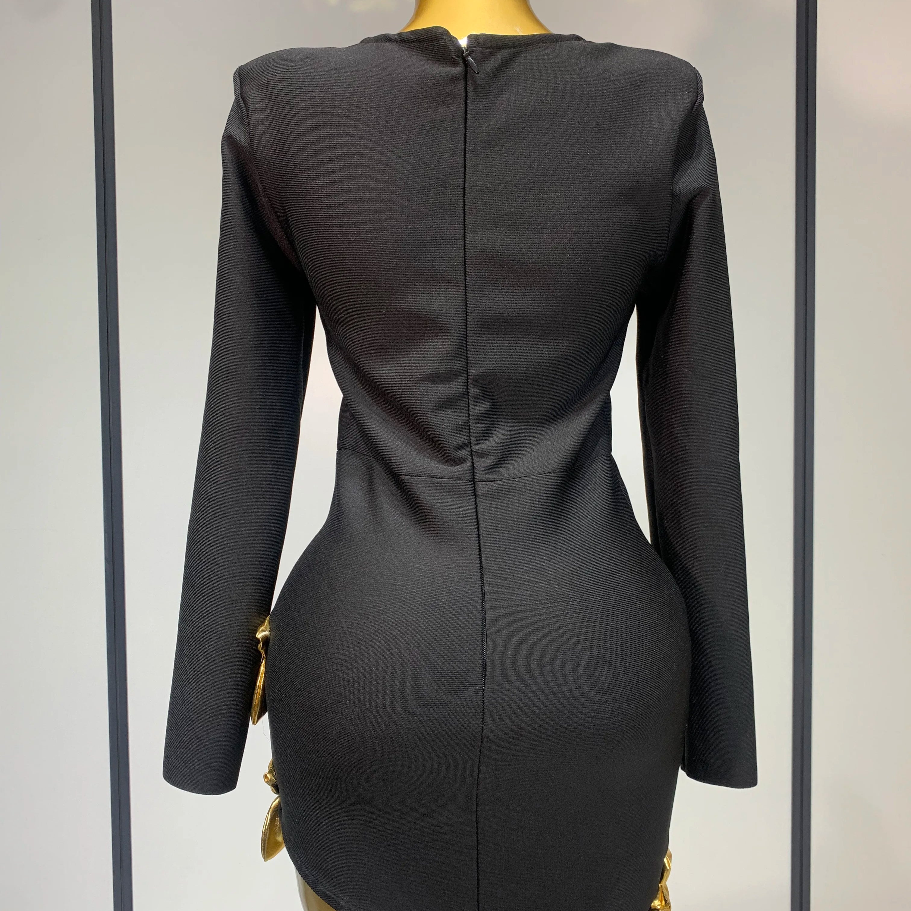 Women Long Sleeve Sexy Square Collar Gold Flower Bodycon Mini Bandage Dress Celebirty Elegant Nightclub Luxury Birthday Dresses
