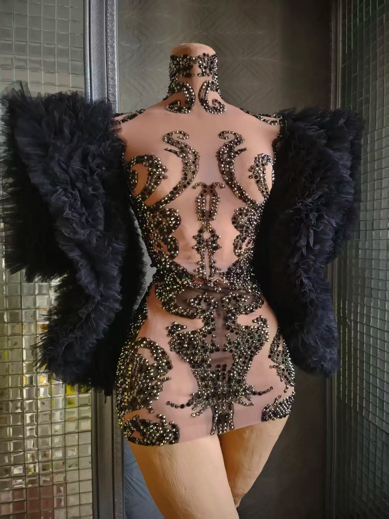 Women Sexy Mesh See Through Black Crystal Stretchy Night Club Celebrity Singer Dancer tage Costume Mini Party Dress