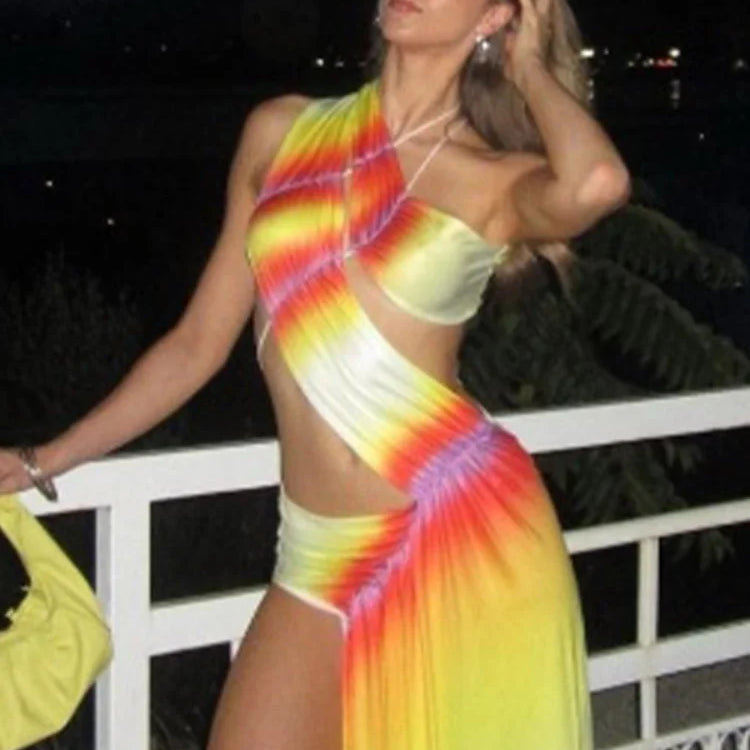 Fashion Gradient Diagonal Collar Dresses Irregular Hollow Out Backless Sleeveless Dresses Spring Summer Lady Party Club Vestidos