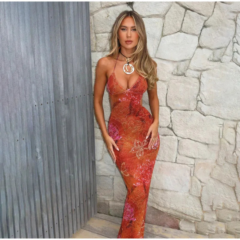 Women's Sexy Deep V High Waist Printed Halter Dress Sleeveless Slim Fit Backless Lace Up Dresses Summer Fashion Party Dress 2025