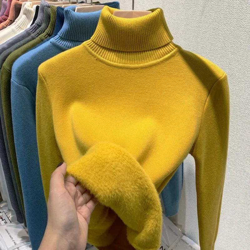 Thicken Velvet Turtleneck Sweater Women Korean Fashion Lined Warm Sueter Knitted Pullover Slim Top Winter Jersey Knitwear Jumper Yellow