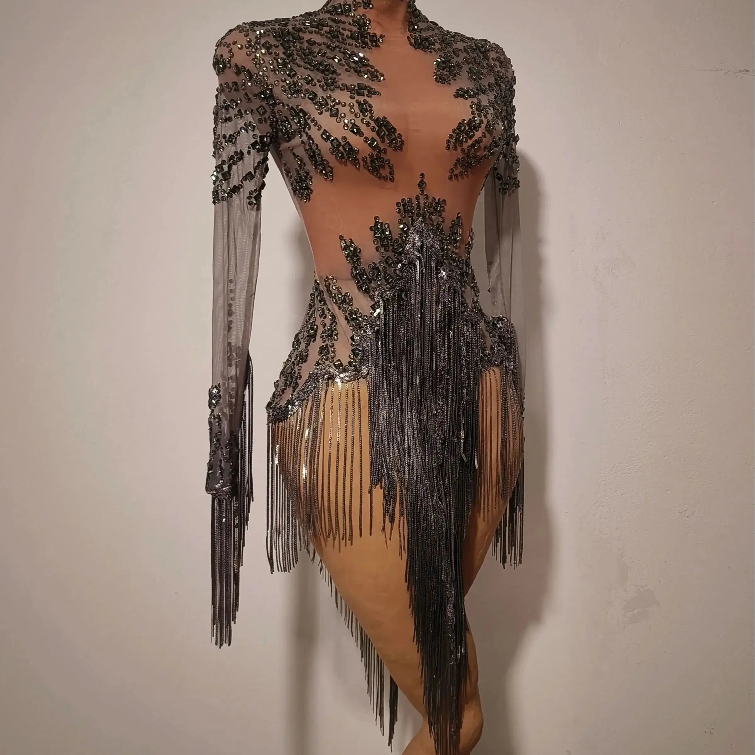 Women Sexy Gray Silver Tassel Crystal Diamonds Stretchy Night Club See Through Singer Dancer Stage Costume Party Bodysuit