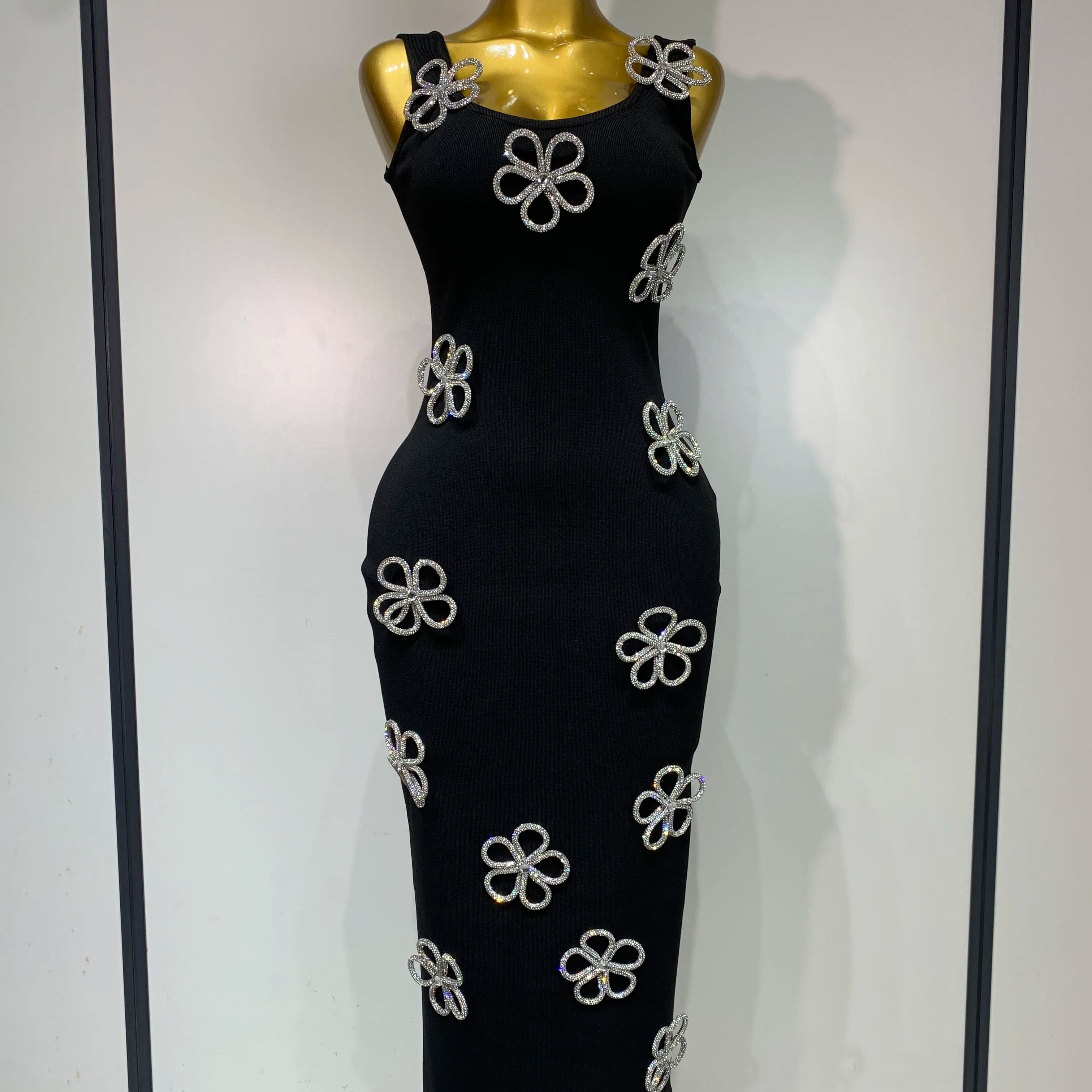 Women Celebrity Sexy Diamonds Flower Black Long Bodycon Bandage Dress 2025 Elegant Evening Club Party Luxury Birthday Dresses