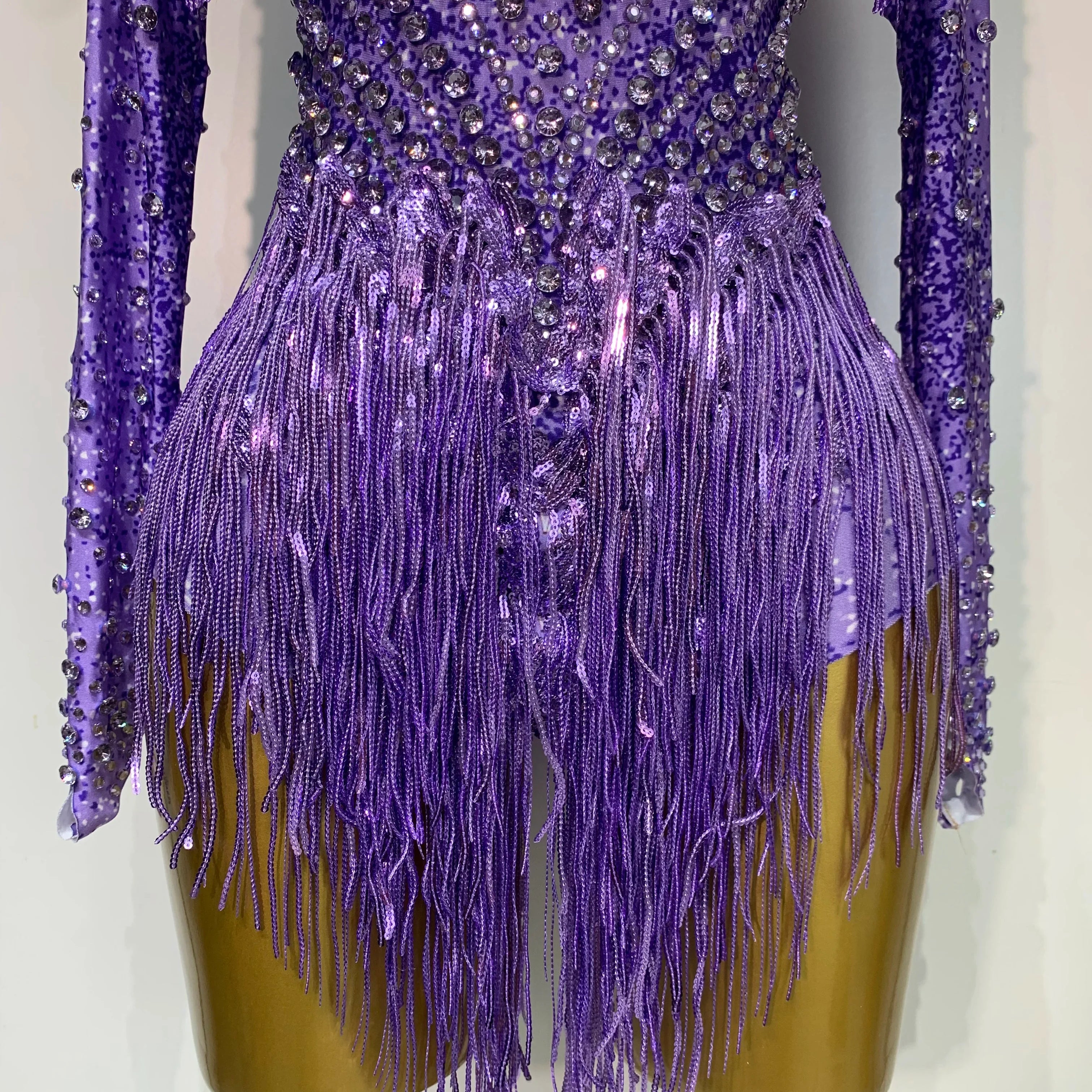 Women Sexy Purple Red Stretchy Long Sleeve Bodysuit Nightclub Singer Dancer Tassel Stage Costume Evening Party Birthday Outfit
