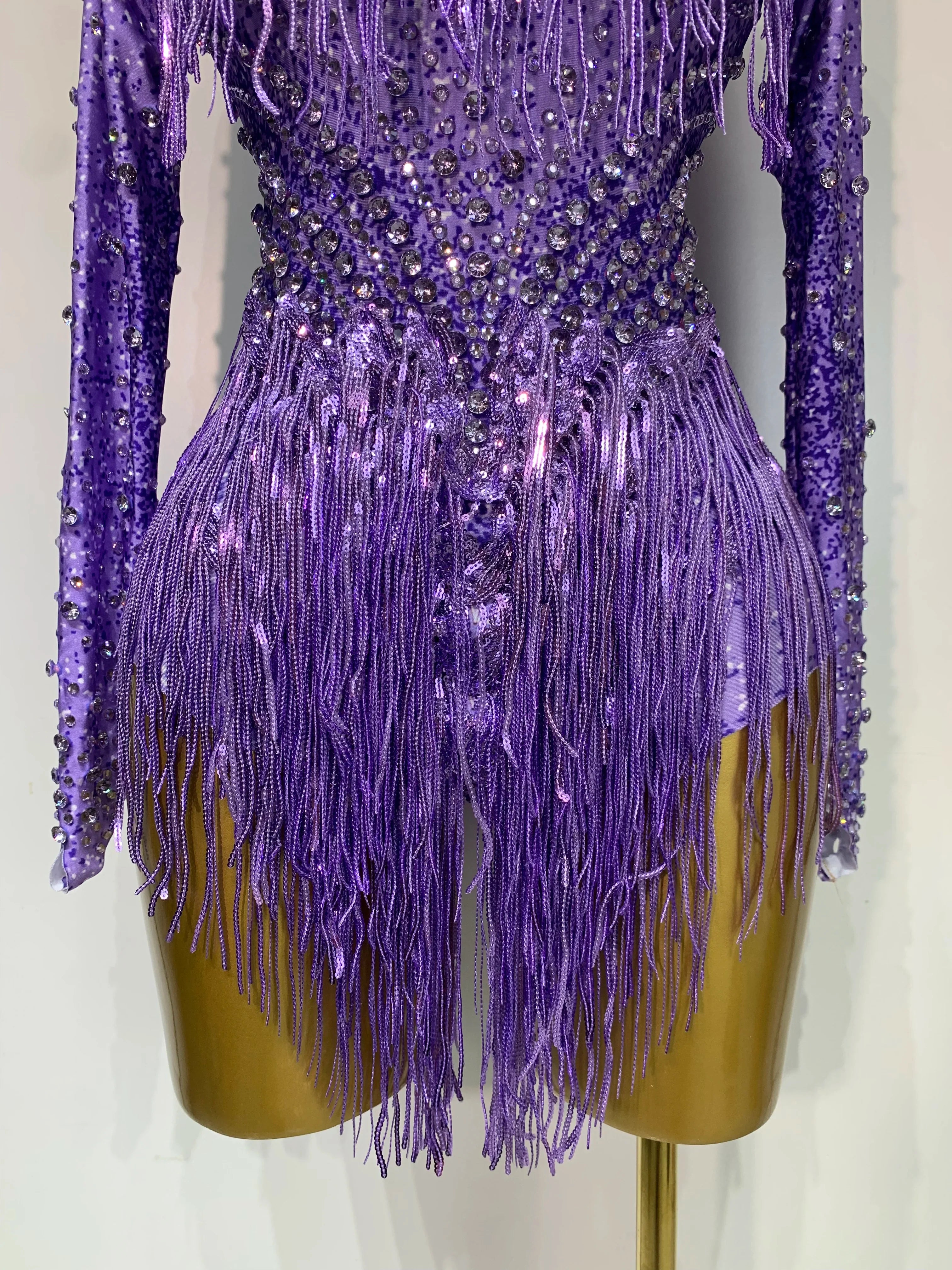 Women Sexy Purple Red Stretchy Long Sleeve Bodysuit Nightclub Singer Dancer Tassel Stage Costume Evening Party Birthday Outfit