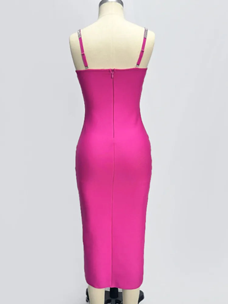 Women Celebrity Sexy V Neck Backless Button Hot Pink Midi Bodycon Bandage Dress 2024 Elegant Evening Club Party Outfit