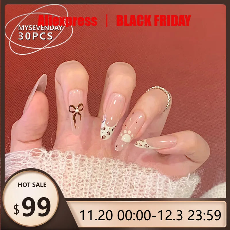 30pcs Cartoon French Almond Fake Nails Nanicure False Nail Bear Bow Full-Coverage Nail Tips for Women&Girl Detachable Fake Nail