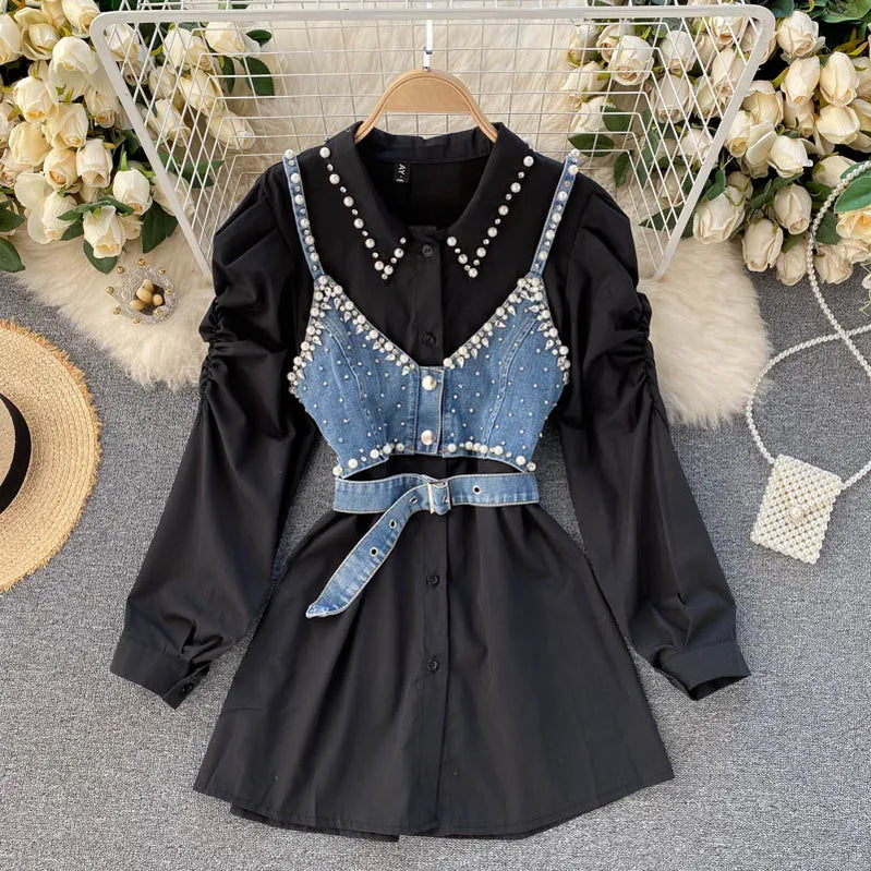 High-End White Shirt Dress Female Lapel Diamond Pearl Luxury Shirt Short Denim Vest Chic Two Piece Sets Female Fashion