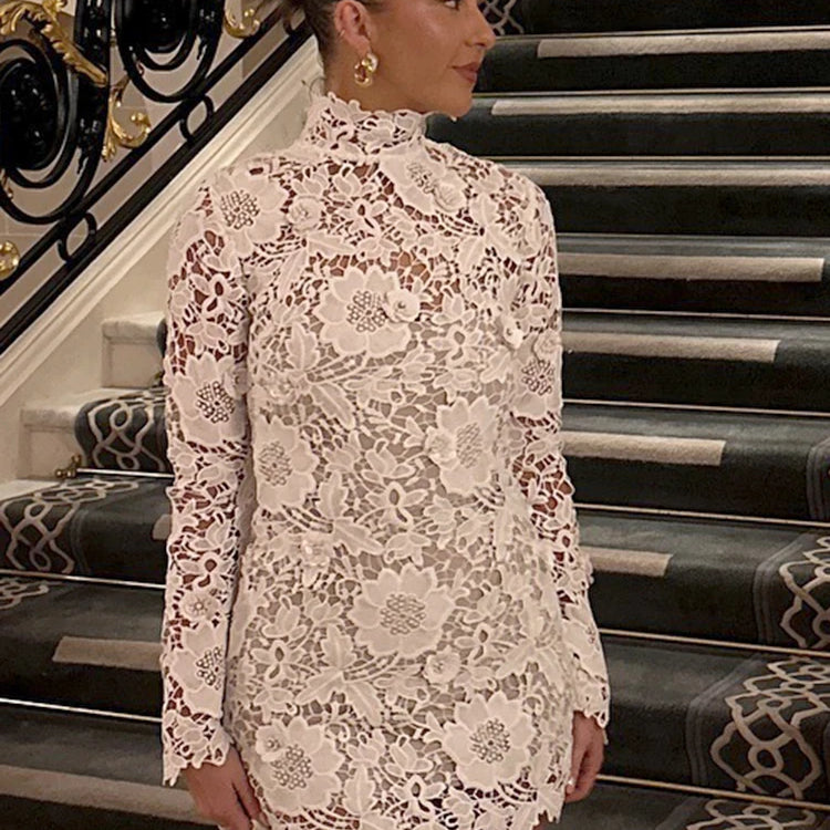 VC White Turtleneck Lace Floral Mini Dress For Women Long Sleeves Slim Bodycon Elegant Evening Party Cocktail Wear