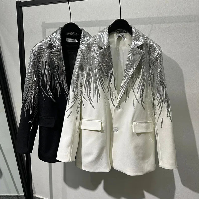 TWOTWINSTYLE Solid Spliced Sequins Elegant Jackets for Women Lapel Long Sleeves Patchwork Single Breasted Jacket Female Fashion