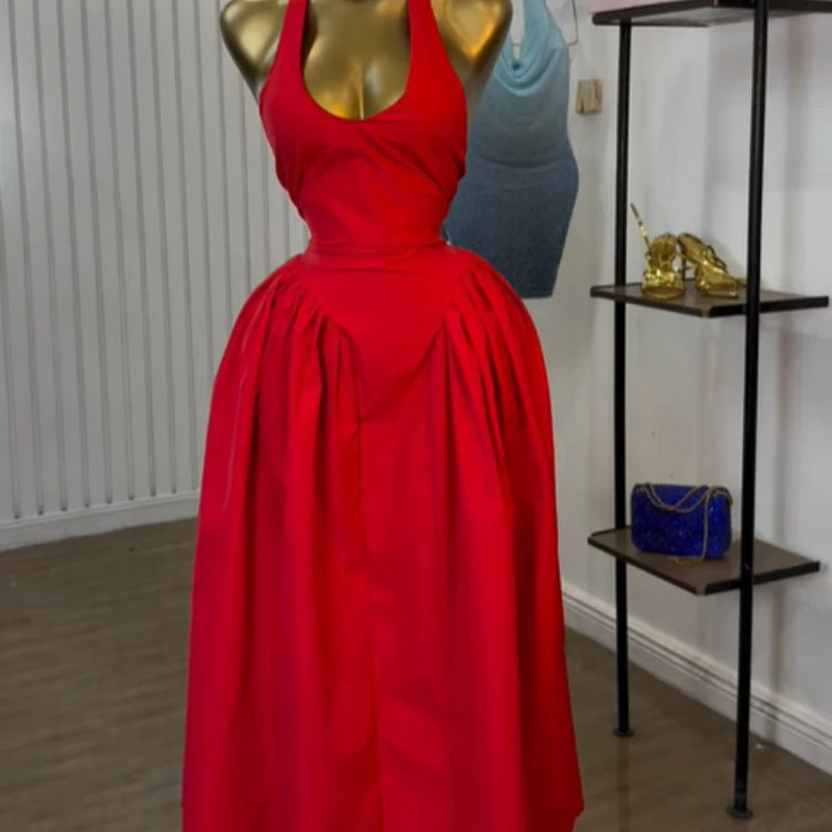 CM.YAYA Women Halter V-neck Backless Sleeveless Big Swing Bodycon Mid Maxi Long Dress 2025 Vacation Sexy Party Evening Dresses