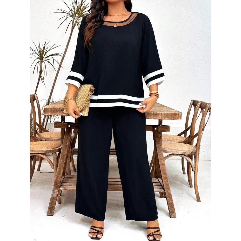 Stripe Patchwork Plus Size Elegant Women Two-Piece Set Crew Neck Loose 3/4 Sleeves T-Shirts Summer Autumn Straight Trousers Sets