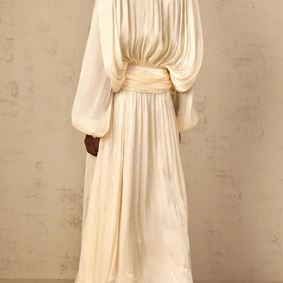 TWOTWINSTYLE Solid Loose Spliced Folds Elegant Dresses for Women Round Neck Long Sleeves Patchwork Lace Up Dress Female Fashion