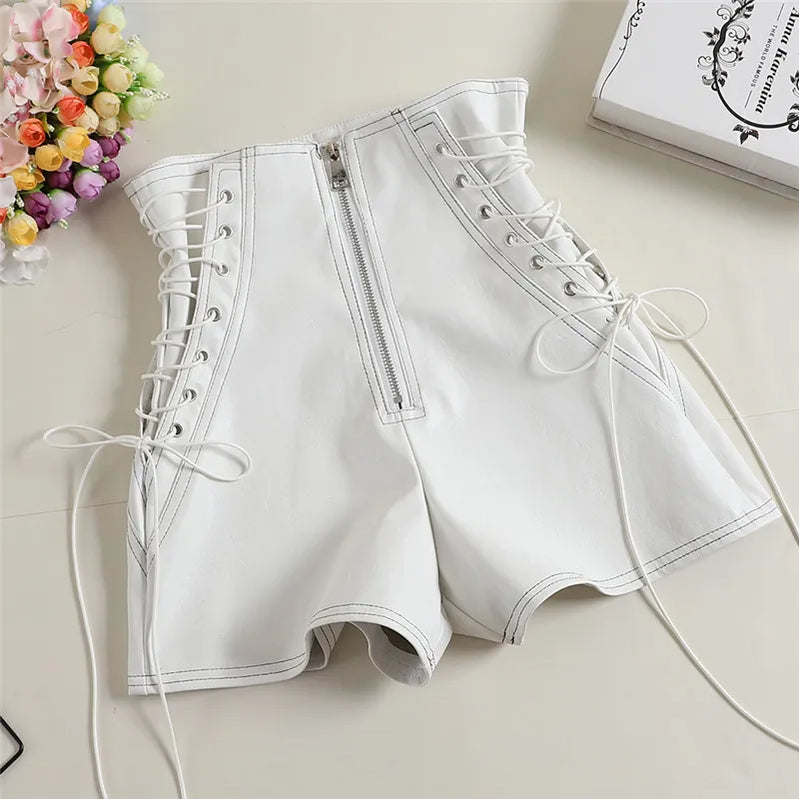Autumn Women PU Shorts Tie Bow Bandage High Waist Shorts Casual White Black Leather Shorts Ladies All Match Wide Leg Shorts WHITE