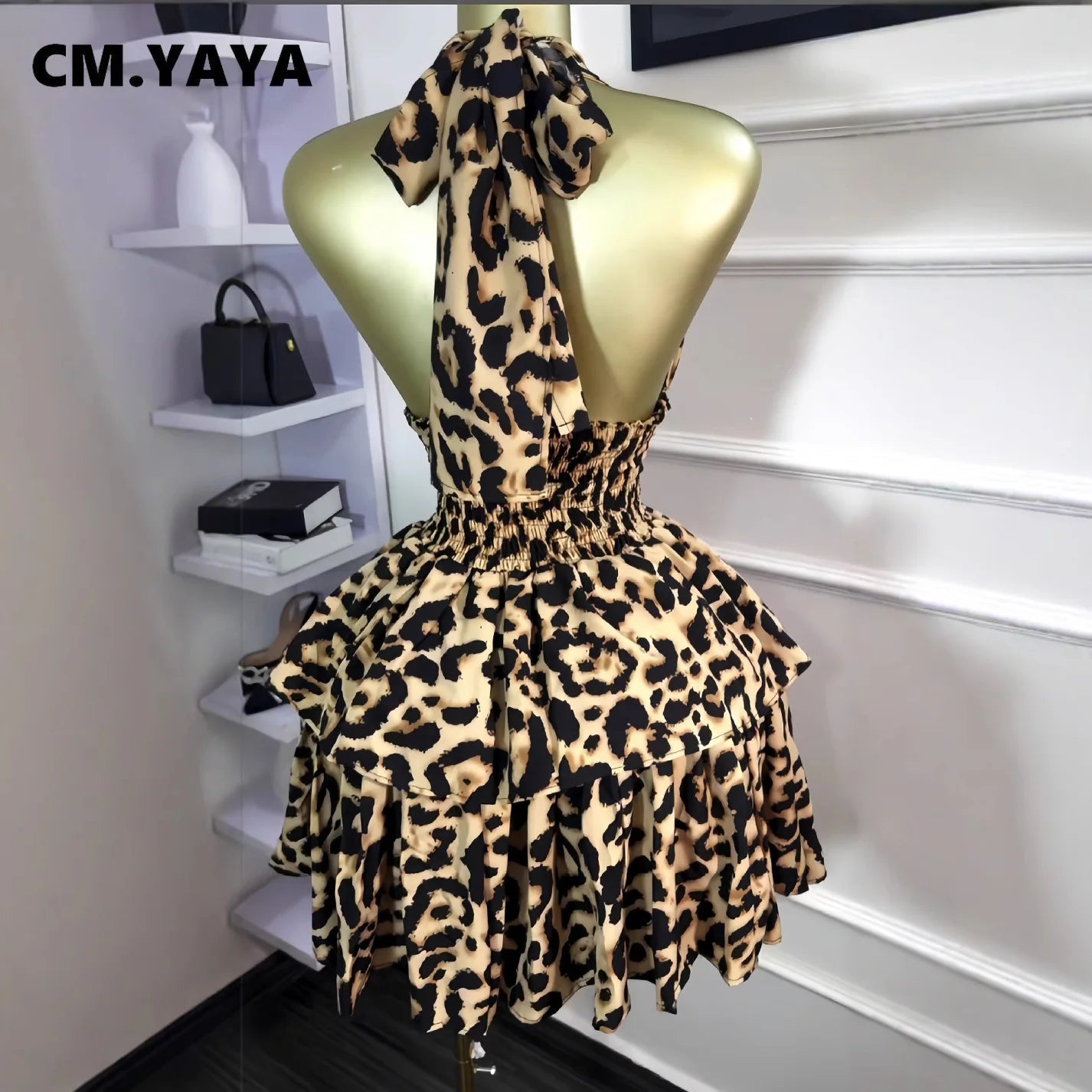 CM.YAYA Women Leopard Print Halter Neck Backless Cascading Ruffles Big Swing Ball Gown Mini Dress 2025 Sexy Club Party Dresses