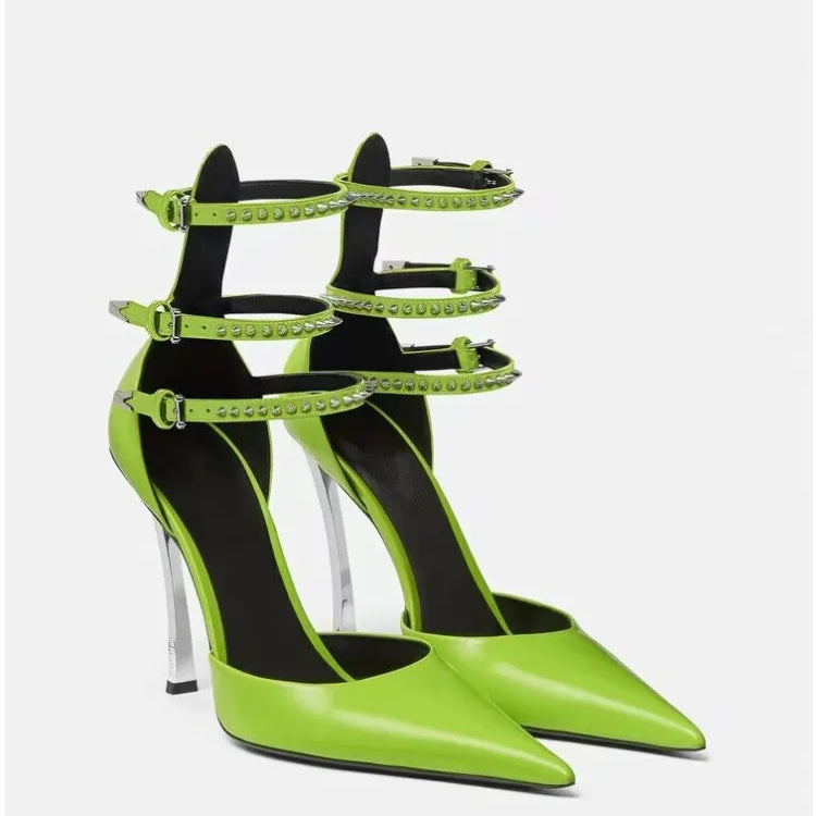Summer High-end New Metal Stiletto Sandals Fashion Pointy Catwalk Fashion Single Shoes Sexy Nightclub Party Wedding High Heels green