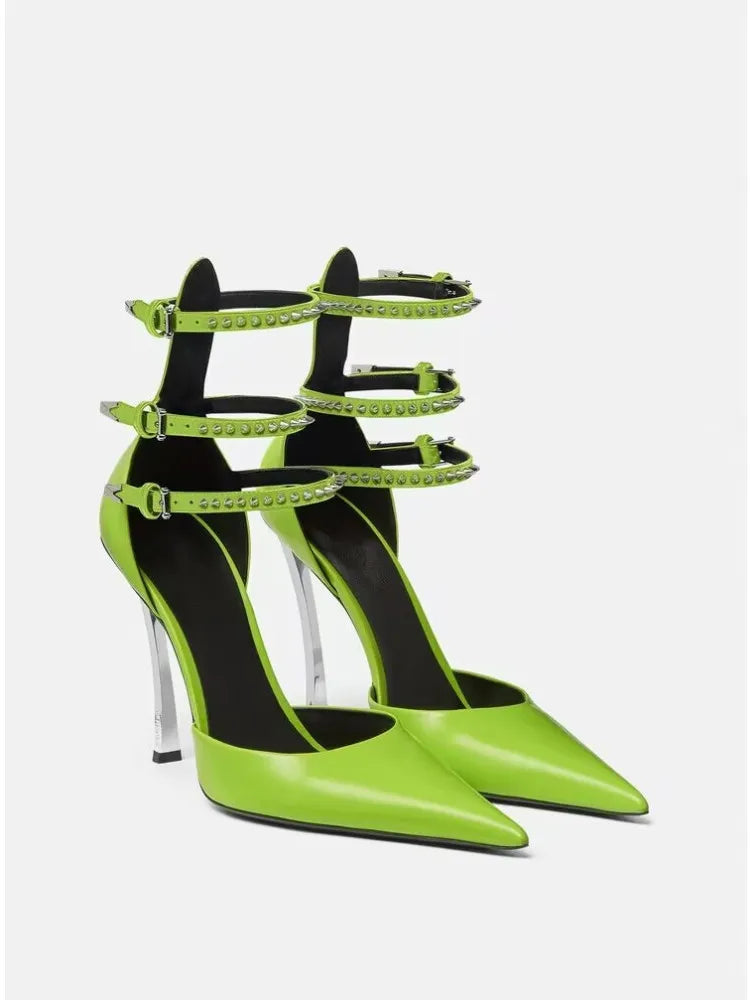 Summer High-end New Metal Stiletto Sandals Fashion Pointy Catwalk Fashion Single Shoes Sexy Nightclub Party Wedding High Heels green