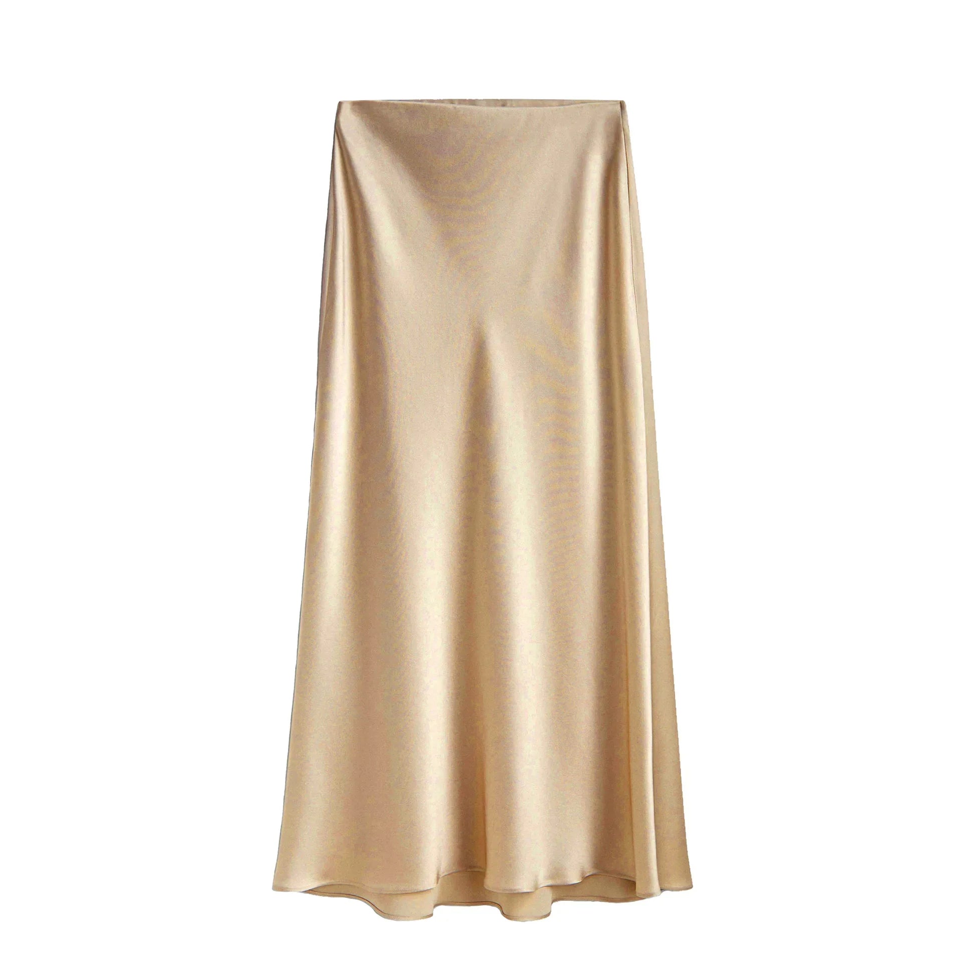 Silk Satin Skirts for Women Summer Casual Style A-line Solid Color Elastic High Waist Side Slit Champagne Skirt Champagne