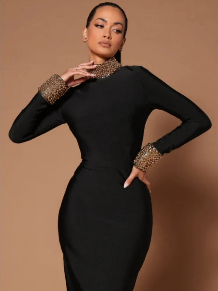 Winter Black Women Long Sleeve Sexy Golden Beading Bodycon Bandage Long Dress Backless Celebrate Evening Party Outfit