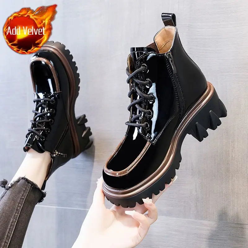 Punk Style Combat Platform Female Ankle Boots Chunky Elastic with Laces Lace-up Booties Footwear Short Shoes for Women New Black Plus Velvet