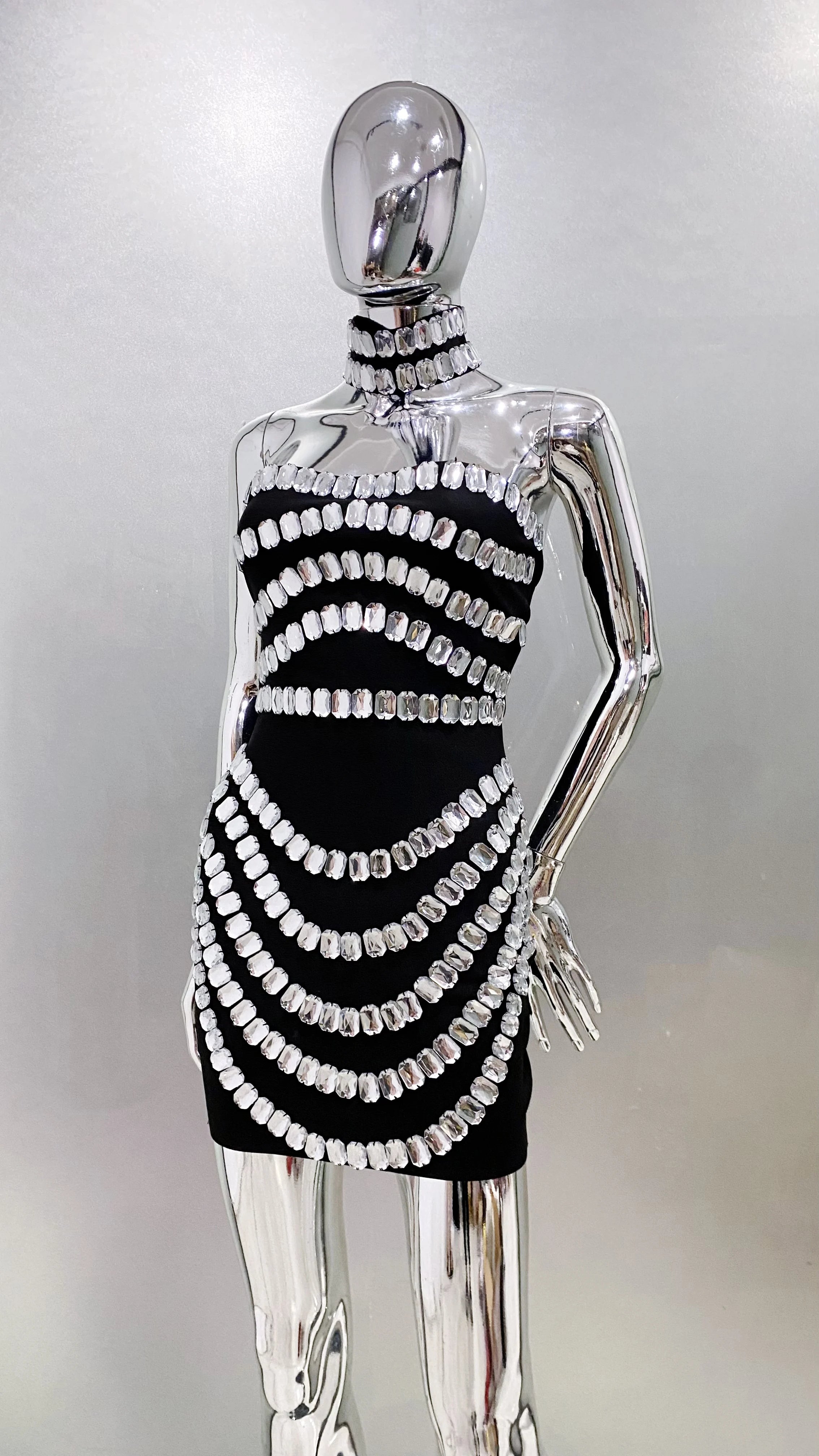 Sparkly Big Crystal Women Sexy Strapless Bodycon Mini Bandage Dress Necklace Celebrate Nightclub Party Photo Shoot Wear