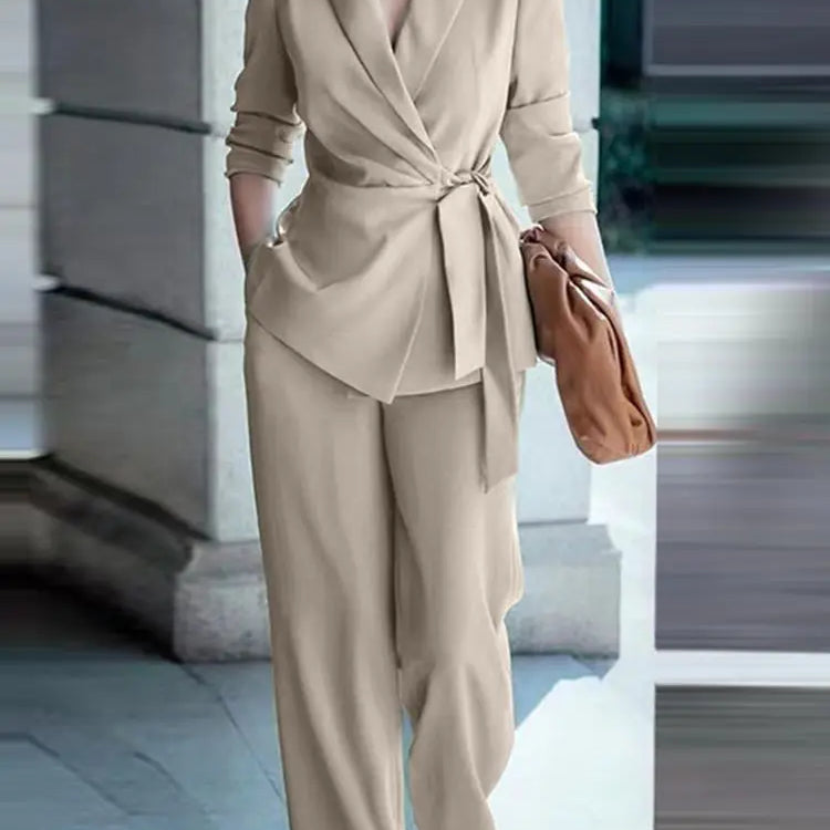 ZANZEA Elegant OL Work Suit Women Solid Blazer & Wide Leg Pant Sets Fashion 2PCS Urban Tracksuits Ladies Office Outfits Oversize Beige