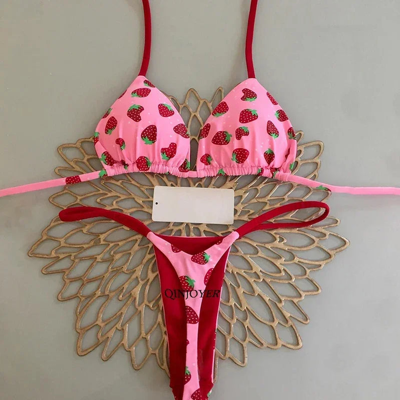 QINJOYER Pink Swimwear Women Brazilian Bikini Cute Heart Print Swimsuit Sexy Thong Bikini Set 2023 Bathing Suit Women Beachwear Strawberry Print