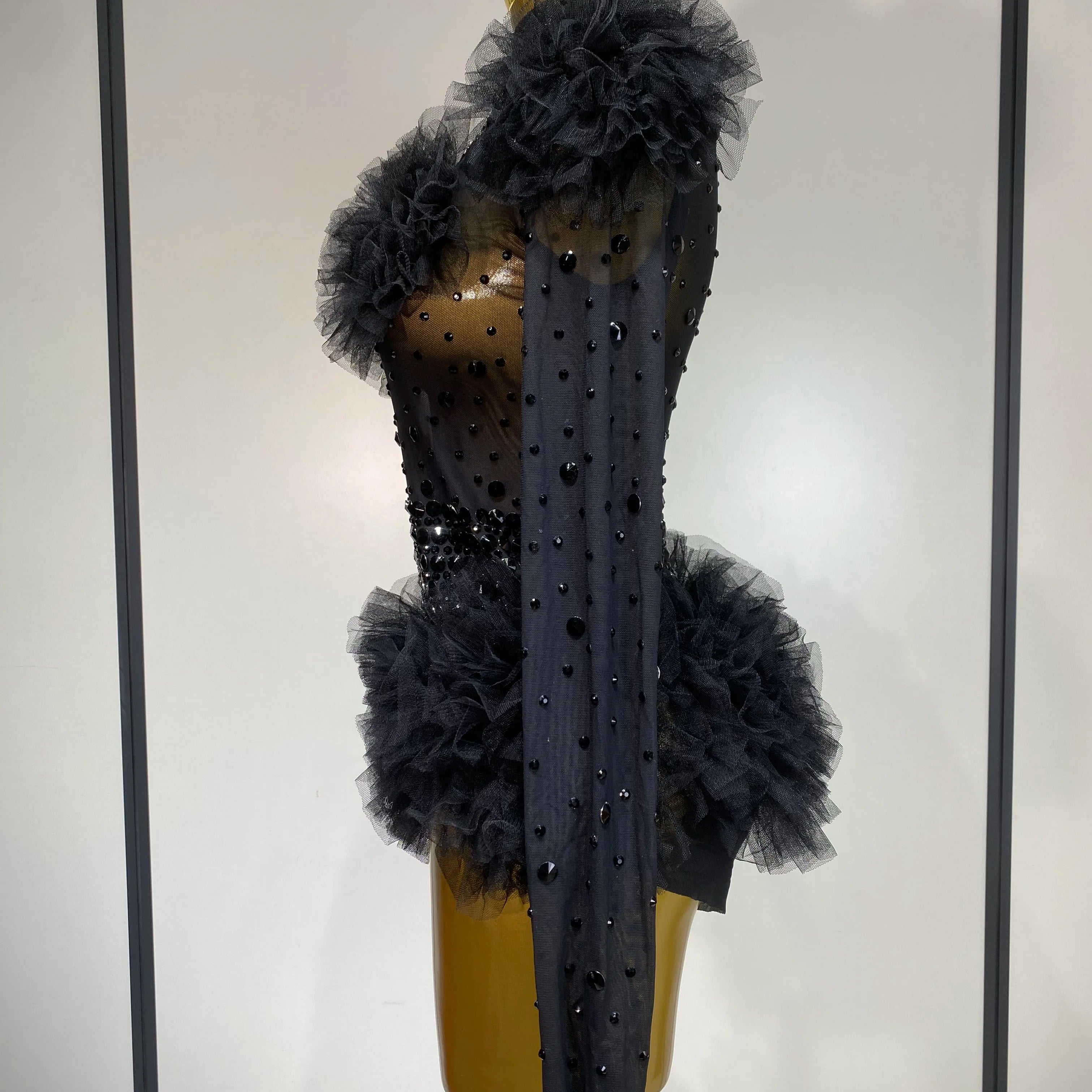 Sexy See Through Luxury Rhinestone Bodysuit Women Sexy Bodycon Mesh Ruffles Performance Dance Singer Nightclub Stage Outfit