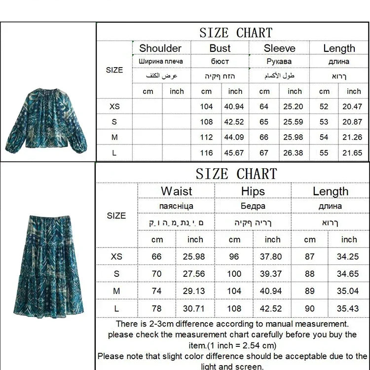 TRAF New Women Long Skirt Set Casual Long Sleeve Print Shirts + High Waist Slim Ankle-Length Skirts Set