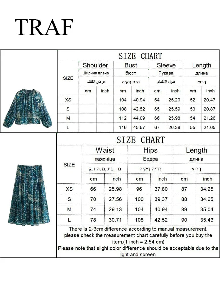 TRAF New Women Long Skirt Set Casual Long Sleeve Print Shirts + High Waist Slim Ankle-Length Skirts Set