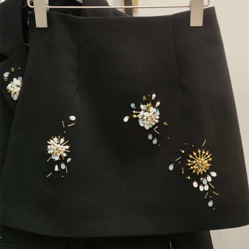 TWOTWINSTYLE Spliced Bead Two Piece Sets for Women Lapel Long Sleeve Patchwork Single Breasted Top High Waist Skirt Set Female