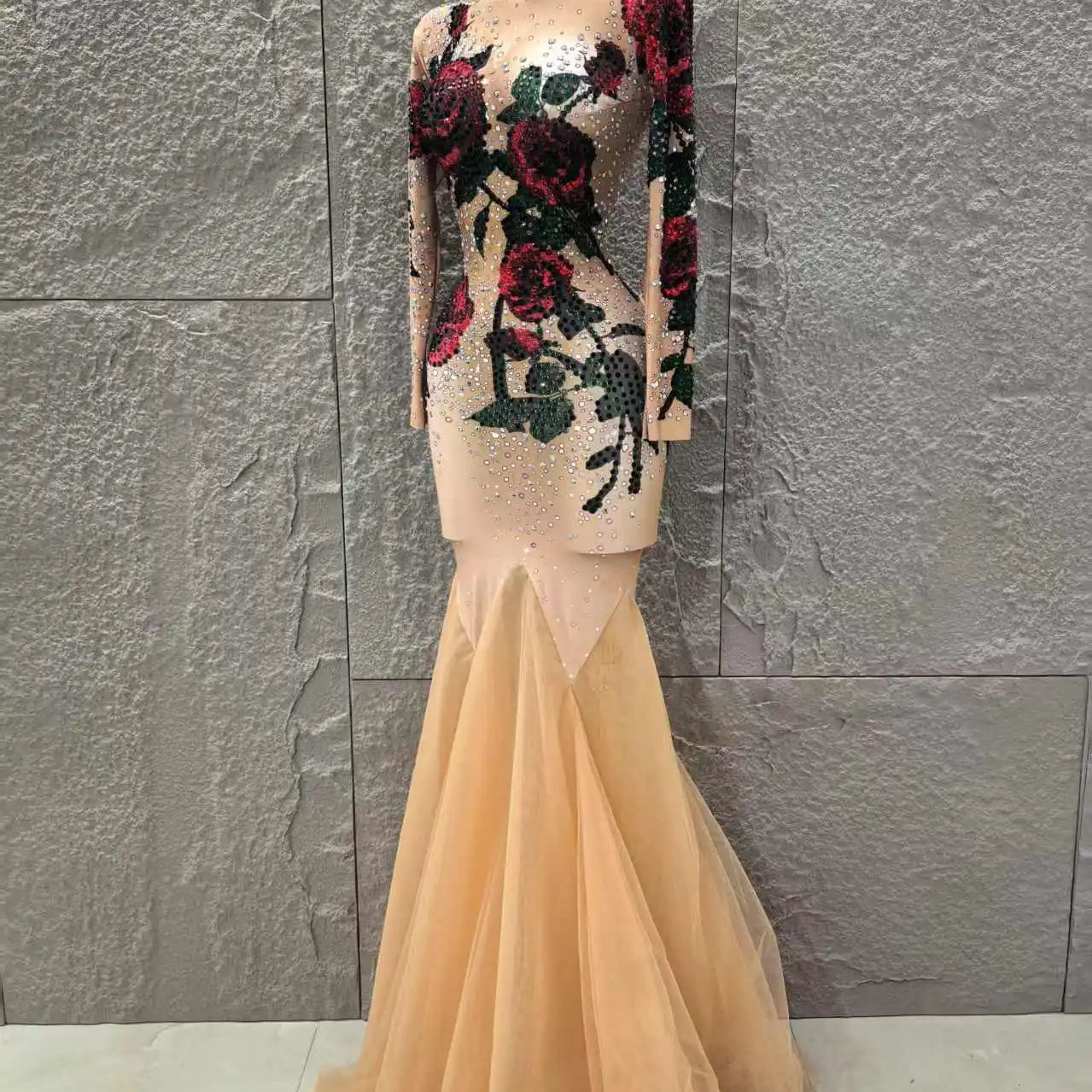 Women Long Sleeve High Stretch Shinning Rhinestones Bodycon Long Maxi Dress Celebrate Evenign Party Bar Singer Stage Wear