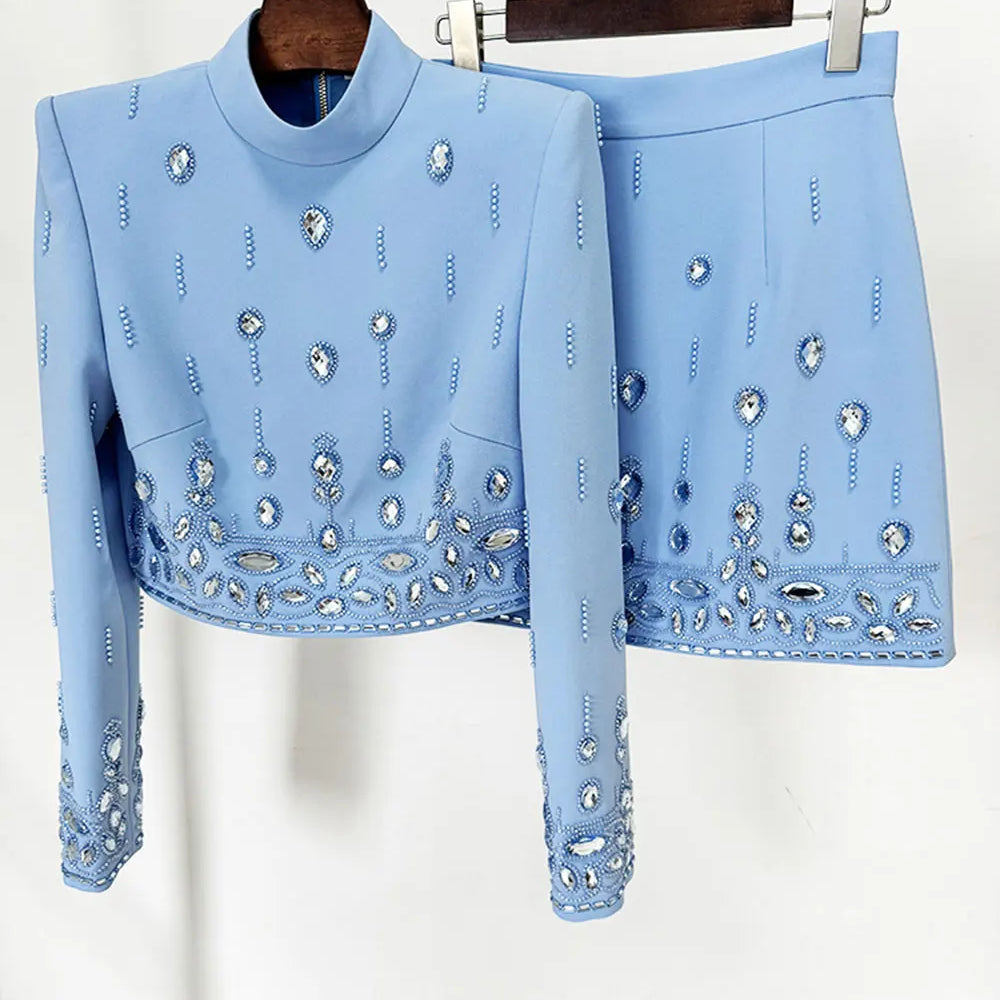 2025 Autumn Elegant Women's Nail Pearl Water Diamond Blue Skirt Sets O-neck Long Sleeve Hoodie Top+Mini Skirt Two Piece Set