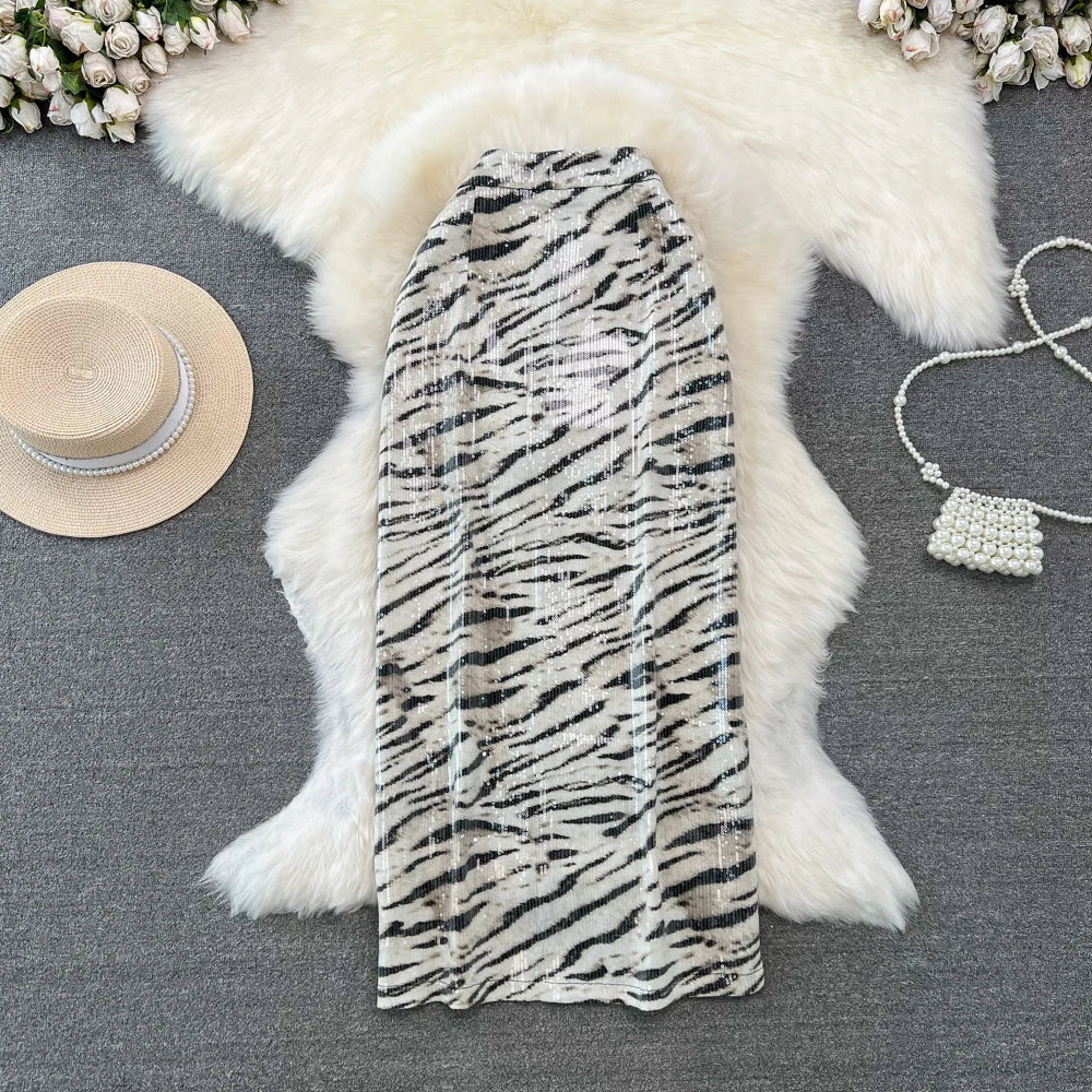 Women Chic Shinning Print Midi Skirt Zipper High Waist Leopard Zebra Wild Style Retro Long Skirts Mujer WHITE